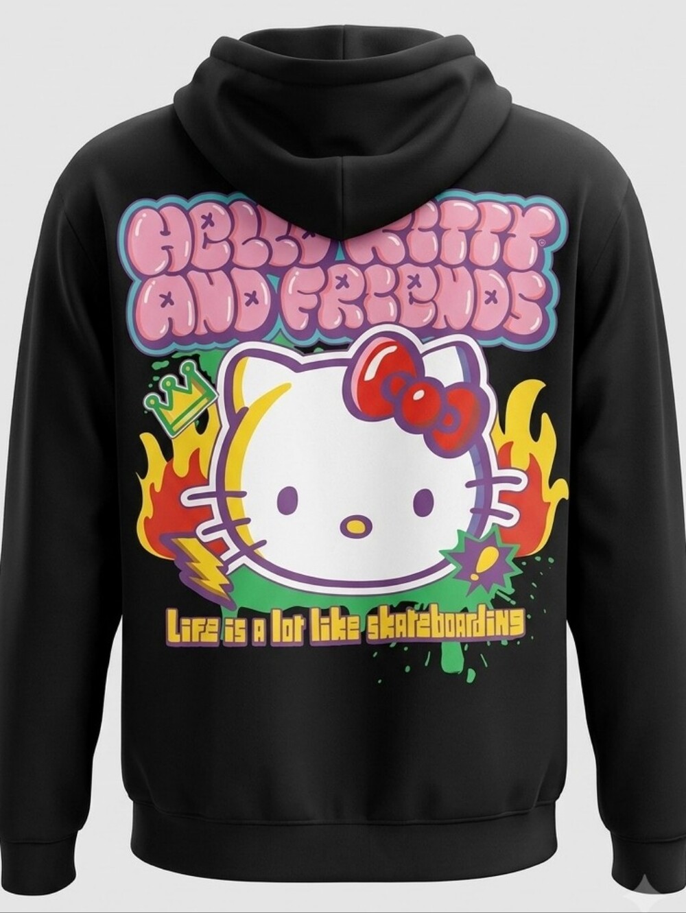 [[Sanrio]] Graphic Hoodie - Black with Multicolor Back Print